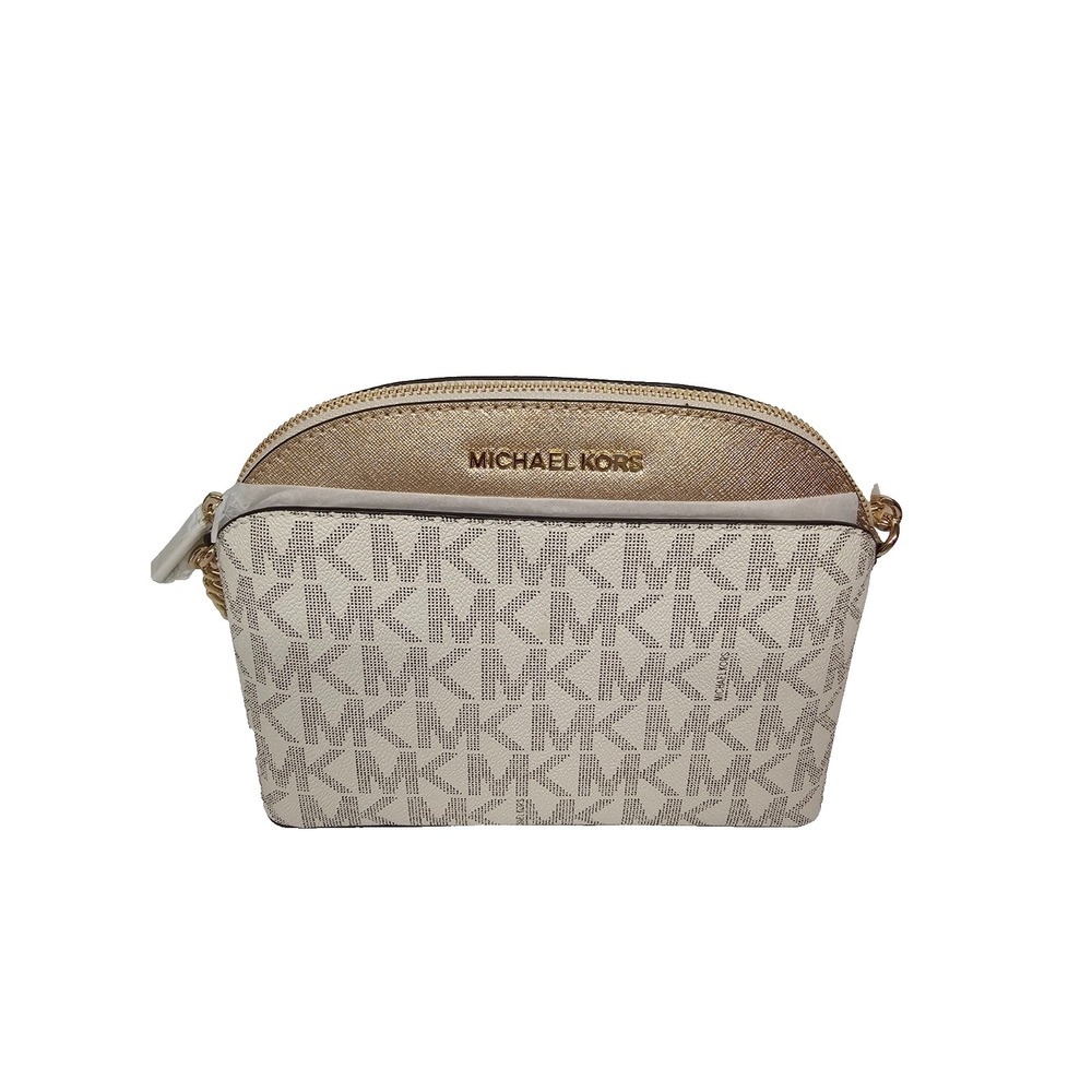 Michael Michael Kors Vanilla and Pale Gold Logo Print Leather Emmy Crossbody Bag